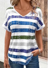 ROTITA Breathable Multi Stripe Print Sky Blue T Shirt