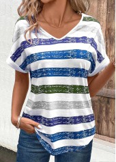 Sky Blue tops,Striped tops,Geometric tops,ROTITA Breathable Multi Stripe Print Sky Blue T Shirt