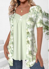 Light Green tops,Floral tops,Plants tops,ROTITA Floral Print Light Green Fake Two Piece Twinset