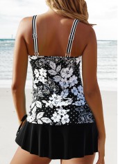 Black swimwear,Floral swimwear,Plants swimwear,ROTITA Circular Ring Black Floral Print Tankini Set