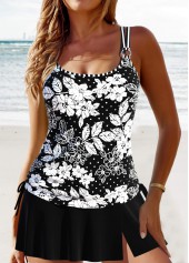 Black swimwear,Floral swimwear,Plants swimwear,ROTITA Circular Ring Black Floral Print Tankini Set