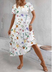 White dresses,Floral dresses,Plants dresses,Everyday dresses,Casual dresses,ROTITA Breathable Floral Print White A Line Round Neck Dress