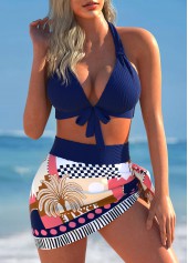 Rotita – Marineblaues Bikini-Set mit Schleife und tropischem Pflanzen-Print