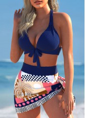 Navy swimwear,Plants swimwear,ROTITA Bowknot Navy Tropical Plants Print Bikini Set