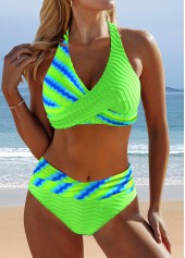 Neon Green swimwear,Floral swimwear,Plants swimwear,ROTITA Surplice Neon Green Floral Print Bikini Set