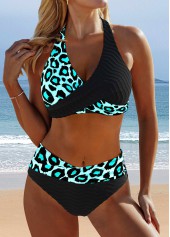 Black swimwear,Floral swimwear,Plants swimwear,ROTITA Surplice Black Floral Print Bikini Set