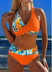 Orange swimwear,Floral swimwear,Plants swimwear,ROTITA Surplice Orange Floral Print Bikini Set