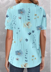 Cyan tops,Floral tops,ROTITA Patchwork Floral Print Cyan V Neck Short Sleeve Blouse