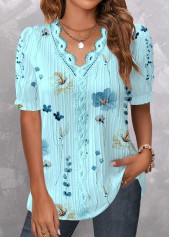 Cyan tops,Floral tops,ROTITA Patchwork Floral Print Cyan V Neck Short Sleeve Blouse