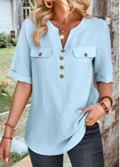 ROTITA Button Light Blue High Neck Half Sleeve Blouse