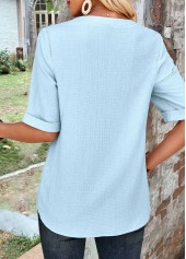 Light Blue tops,Plain Color tops,ROTITA Button Light Blue High Neck Half Sleeve Blouse
