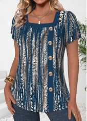 Peacock Blue tops,Leopard tops,Animal Print tops,ROTITA Button Leopard Peacock Blue Square Neck T Shirt