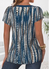 Peacock Blue tops,Leopard tops,Animal Print tops,ROTITA Button Leopard Peacock Blue Square Neck T Shirt