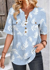 ROTITA Patchwork Leaf Print Blue Split Neck Short Sleeve Blouse