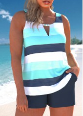 Cyan swimwear,Striped swimwear,Geometric swimwear,ROTITA Cut Out Cyan Multi Stripe Print Tankini Set