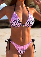 Pink swimwear,Leopard swimwear,ROTITA Tie Pink Leopard Patchwork Bikini Set