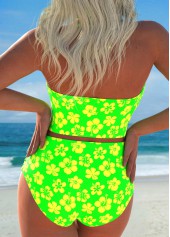 Neon Green swimwear,Floral swimwear,Plants swimwear,ROTITA Drawstring Neon Green Floral Print Bikini Set