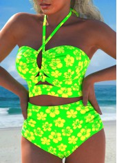 Neon Green swimwear,Floral swimwear,Plants swimwear,ROTITA Drawstring Neon Green Floral Print Bikini Set