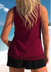 Wine Red swimwear,Plain Color swimwear,ROTITA Lace Wine Red Cutout Tankini Set