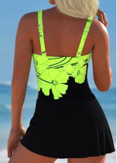 Neon Green swimwear,Black swimwear,Floral swimwear,Plants swimwear,ROTITA Tie Neon Green Floral Print One Piece Swimdress