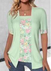ROTITA Floral Print Light Green Fake Two Piece Twinset