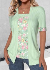 Light Green tops,Floral tops,Plants tops,ROTITA Floral Print Light Green Fake Two Piece Twinset