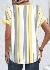 Light Yellow tops,Striped tops,Geometric tops,ROTITA Zipper Striped Light Yellow Round Neck Short Sleeve Blouse