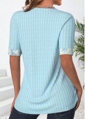 Light Blue tops,Plants tops,ROTITA Patchwork Leaf Print Light Blue Fake Two Piece Twinset