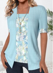 Light Blue tops,Plants tops,ROTITA Patchwork Leaf Print Light Blue Fake Two Piece Twinset