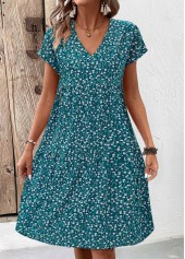 Turquoise dresses,Floral dresses,Plants dresses,Everyday dresses,Casual dresses,ROTITA Patchwork Floral Print Turquoise A Line V Neck Dress