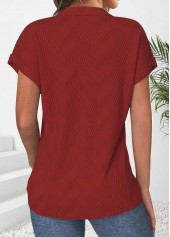 Wine Red tops,Plain Color tops,ROTITA Zipper Wine Red Polo Collar Short Sleeve Shirt