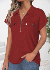 Wine Red tops,Plain Color tops,ROTITA Zipper Wine Red Polo Collar Short Sleeve Shirt