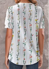White tops,Floral tops,Plants tops,ROTITA Embroidery Floral Print White V Neck Short Sleeve Blouse