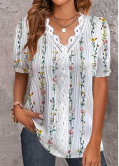 White tops,Floral tops,Plants tops,ROTITA Embroidery Floral Print White V Neck Short Sleeve Blouse