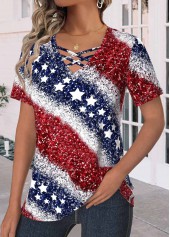 Navy plus size,Red plus size,Flag plus size,ROTITA Plus Size Criss Cross Navy Flag Print T Shirt