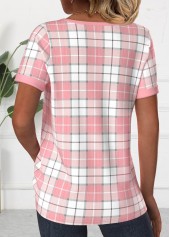 Light Pink tops,Plaid tops,Striped tops,Geometric tops,ROTITA Patchwork Plaid Light Pink Split Neck T Shirt