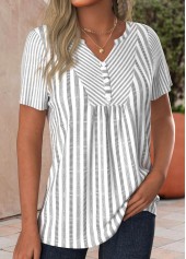 Light Grey tops,White tops,Striped tops,Geometric tops,ROTITA Plus Size Button Light Grey Striped T Shirt