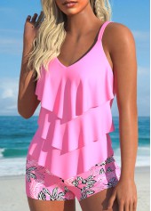 Pink swimwear,Plants swimwear,ROTITA Handkerchief Hem Pink Plants Print Tankini Set