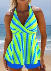 ROTITA Surplice Neon Green Wave Pattern Print Tankini Set