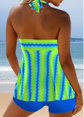 Neon Green swimwear,Striped swimwear,Geometric swimwear,ROTITA Surplice Neon Green Wave Pattern Print Tankini Set