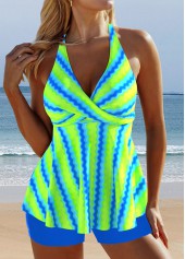 Neon Green swimwear,Striped swimwear,Geometric swimwear,ROTITA Surplice Neon Green Wave Pattern Print Tankini Set