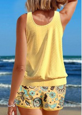 Light Yellow swimwear,Floral swimwear,Plants swimwear,ROTITA Drawstring Light Yellow Floral Print Tankini Set