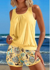 Light Yellow swimwear,Floral swimwear,Plants swimwear,ROTITA Drawstring Light Yellow Floral Print Tankini Set