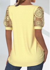 Light Yellow tops,Plain Color tops,ROTITA Tuck Stitch Light Yellow Split Neck T Shirt