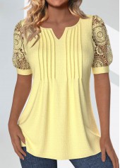 ROTITA Tuck Stitch Light Yellow Split Neck T Shirt