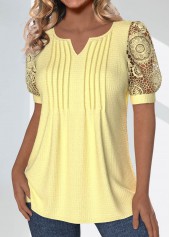 Light Yellow tops,Plain Color tops,ROTITA Tuck Stitch Light Yellow Split Neck T Shirt
