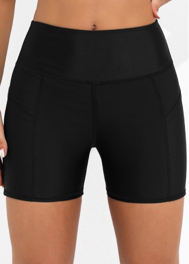 Black plus size,Plain Color plus size,ROTITA Pocket Detail Plus Size High Waist Swim Shorts