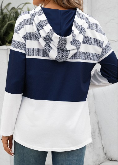 White tops,Striped tops,ROTITA Drawstring White Stripe Print Long Sleeve Hoodie