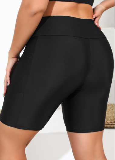 Black plus size,Plain Color plus size,ROTITA Plus Size Pocket Black High Waisted Skinny Swim Shorts