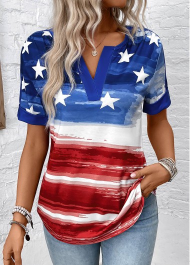 Dark Blue tops,Flag tops,Ombre tops,ROTITA Flag Print Dark Blue Split Neck Blouse